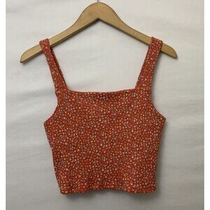 American Eagle Top Womens M Orange Floral Crop Top Ribbed Tank Ditsy Sleeveless